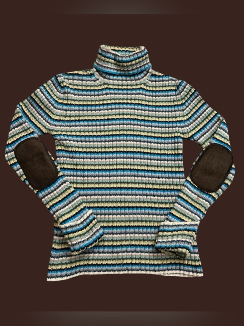 Vintage 90s Striped Gap Sweater Leather Elbow Patch XS Turtleneck 100% Cotton
